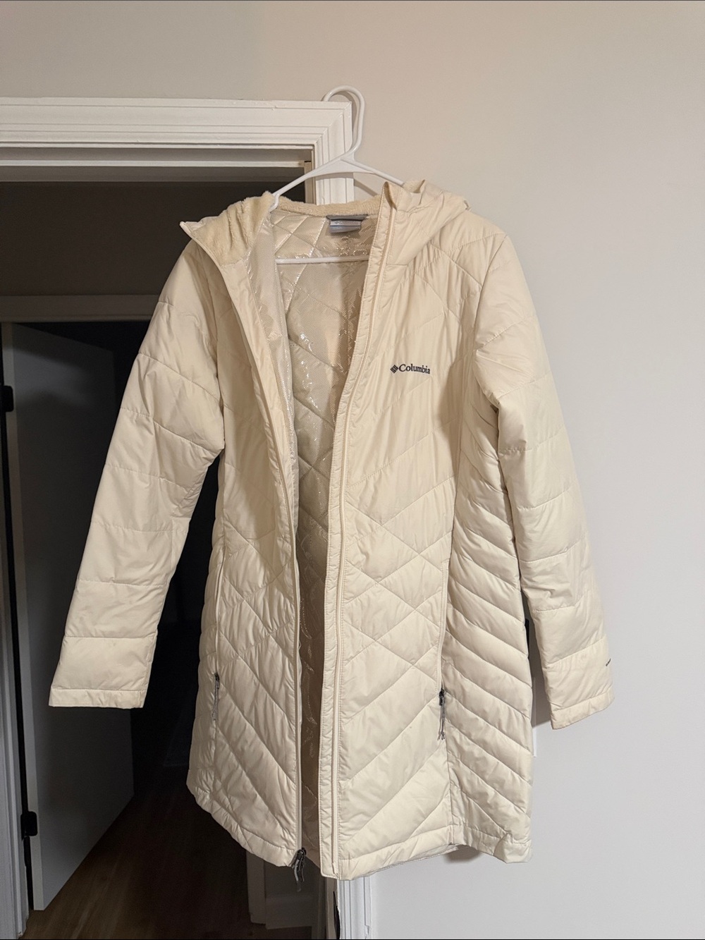 Columbia Cream Long Hooded Packable Puffer Coat